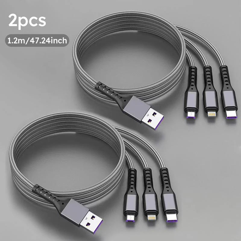2-Pack 1.2M MFi Certified Super Fast Charging USB Cable - 3-in-1 with Type-C, Micro USB, and IP Port - Ideal for All Your Devices
