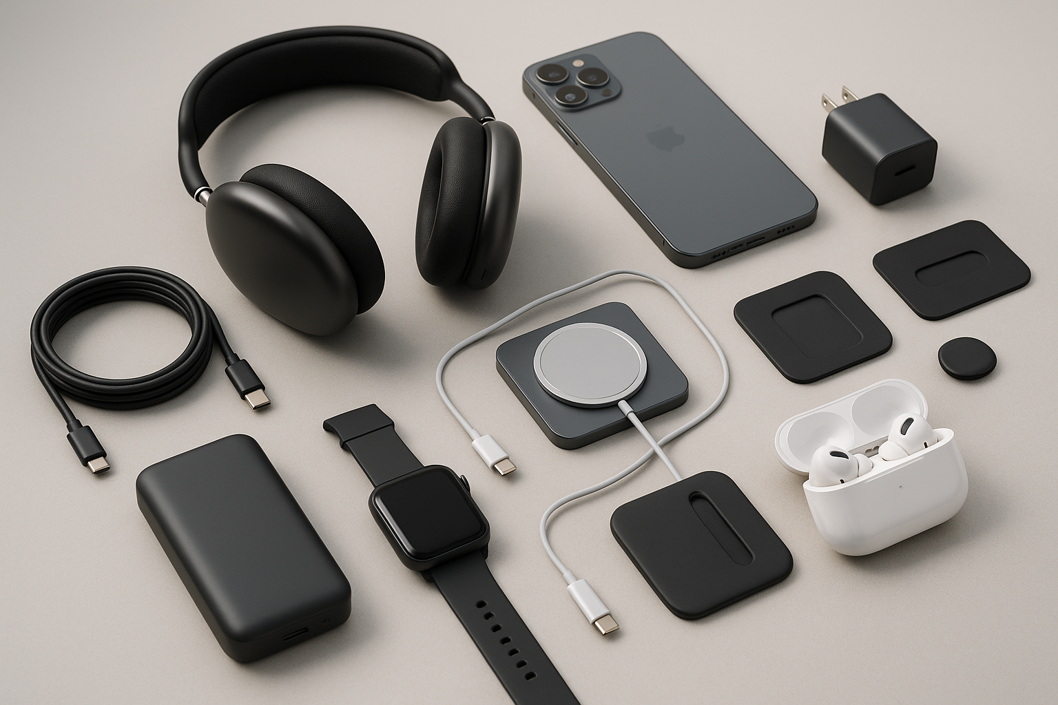Electronics, gadgets, accessories, headphones on table display